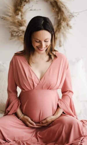 abito maternity francesca sartoria partenopea cipria romantico manica a volant gonna a ruota pancione