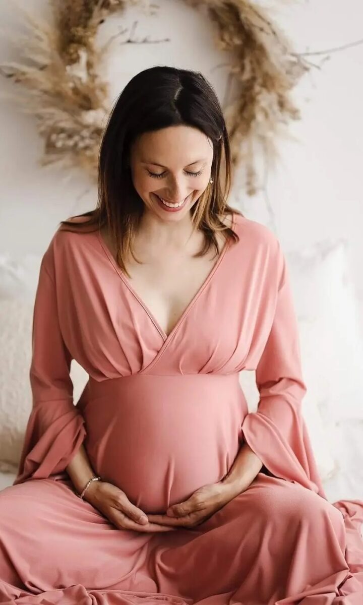 abito maternity francesca sartoria partenopea cipria romantico manica a volant gonna a ruota pancione