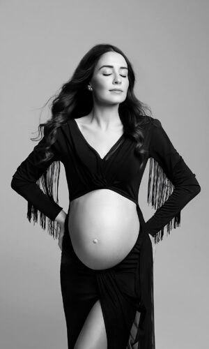 abito maternity anthea nero con frange socollo a v pancia scoperta glam fashion milano donatella nicolini