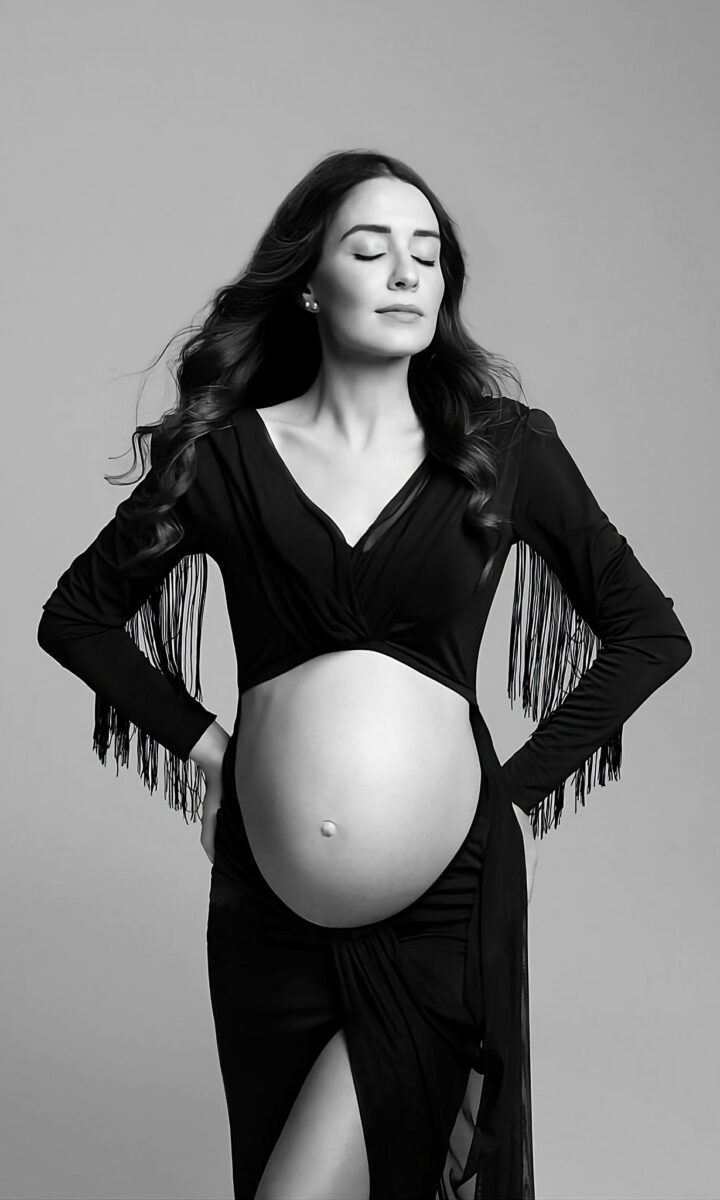 abito maternity anthea nero con frange socollo a v pancia scoperta glam fashion milano donatella nicolini